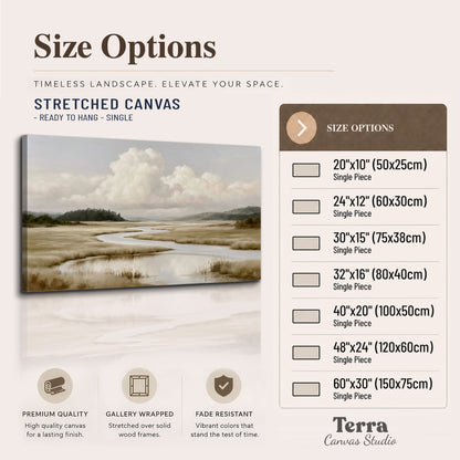 A pale winding waterway crossing quiet wetlands beneath billowing white clouds single canvas wall art available dimensions