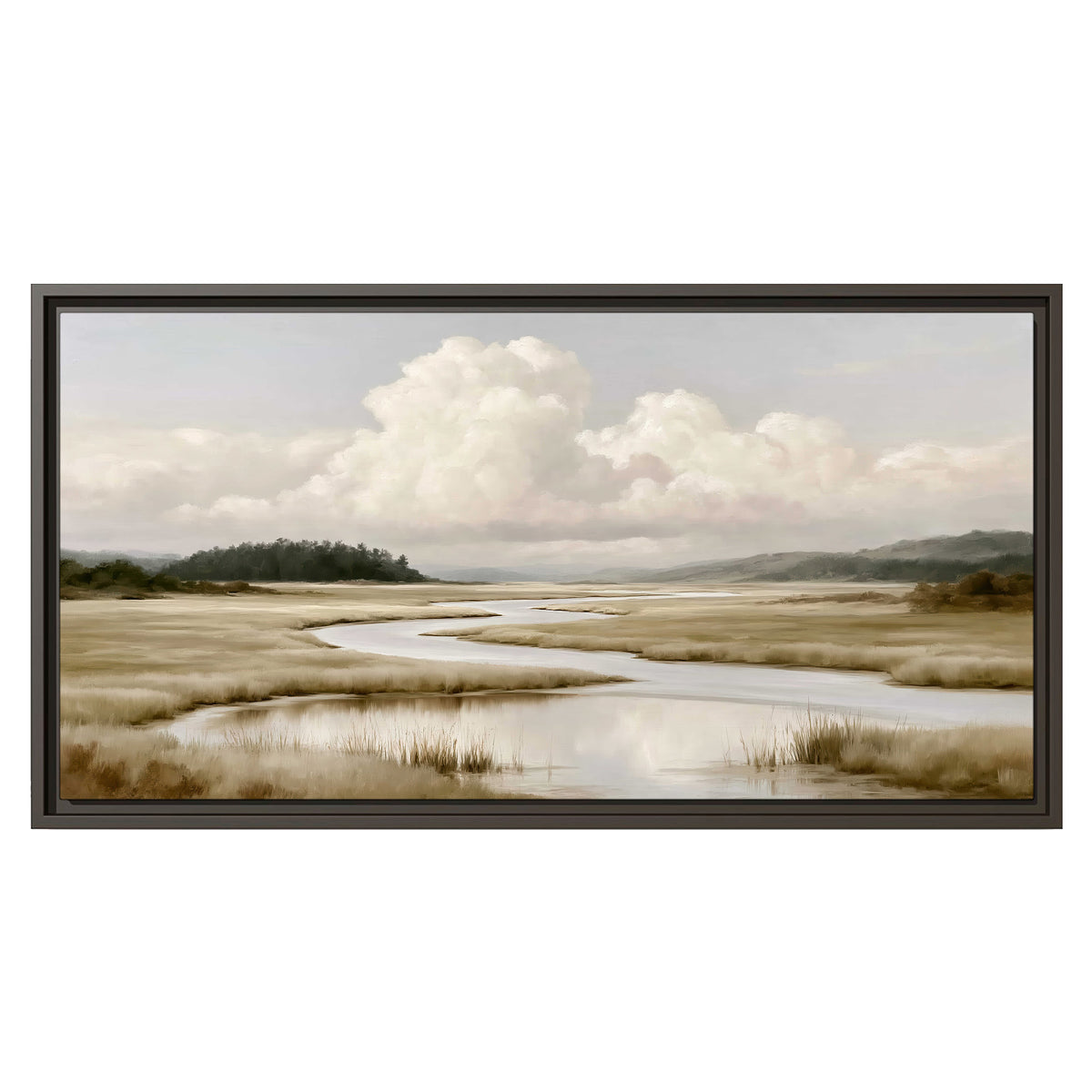 A pale winding waterway crossing quiet wetlands beneath billowing white clouds single framed canvas wall art viewed straight on