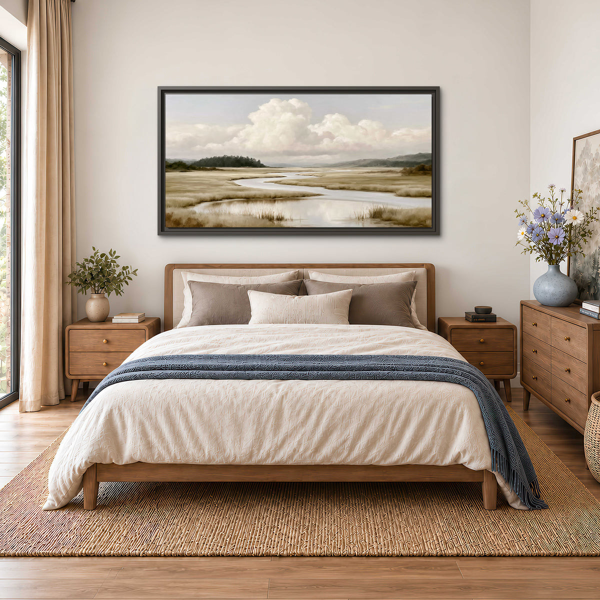 A pale winding waterway crossing quiet wetlands beneath billowing white clouds single framed canvas wall art styled in an interior