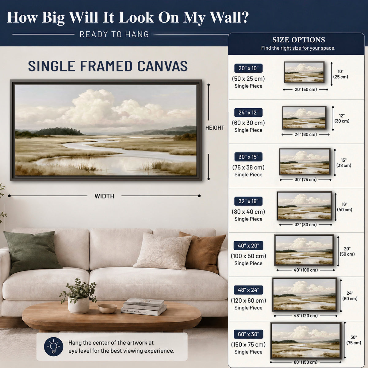 A pale winding waterway crossing quiet wetlands beneath billowing white clouds single framed canvas wall art size guide above a sofa; room view is illustrative