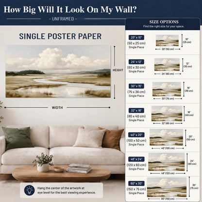 A pale winding waterway crossing quiet wetlands beneath billowing white clouds single poster print size guide above a sofa; room view is illustrative