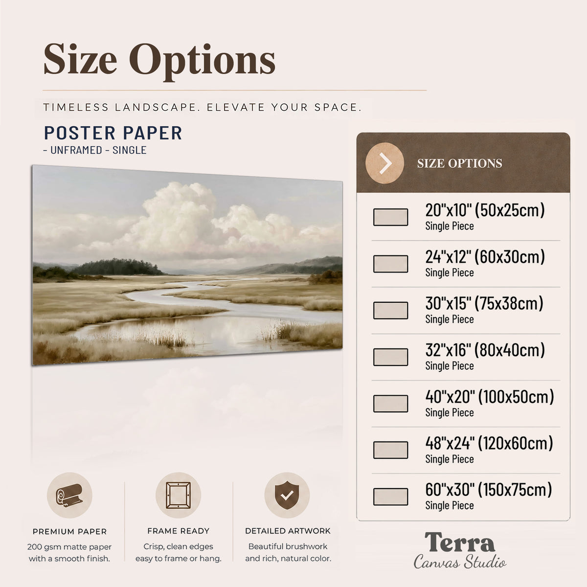 A pale winding waterway crossing quiet wetlands beneath billowing white clouds single poster print available dimensions
