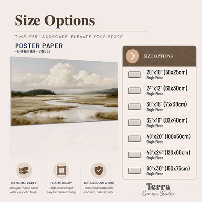 A pale winding waterway crossing quiet wetlands beneath billowing white clouds single poster print available dimensions