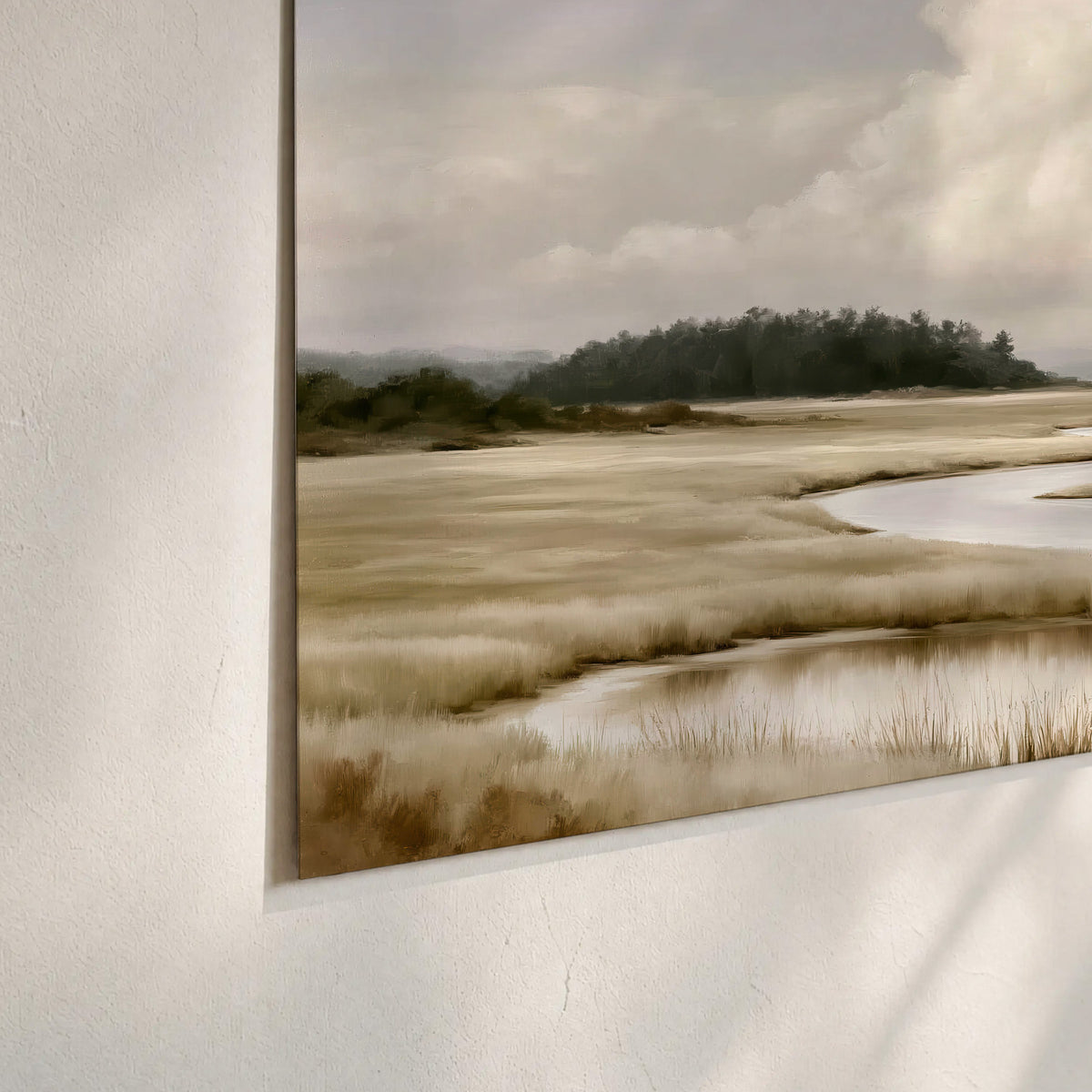 A pale winding waterway crossing quiet wetlands beneath billowing white clouds set of 3 poster prints material and edge close up