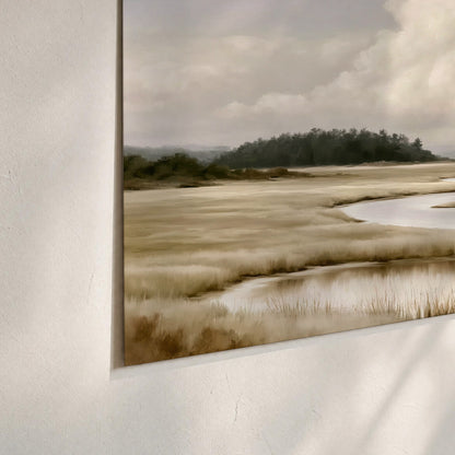 A pale winding waterway crossing quiet wetlands beneath billowing white clouds set of 3 poster prints material and edge close up
