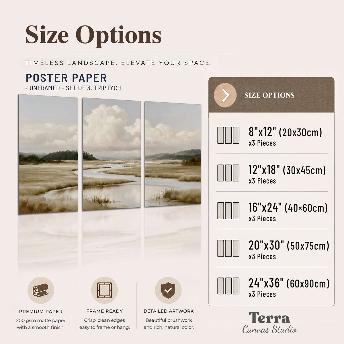 A pale winding waterway crossing quiet wetlands beneath billowing white clouds set of 3 poster prints available dimensions; triptych dimensions are per panel