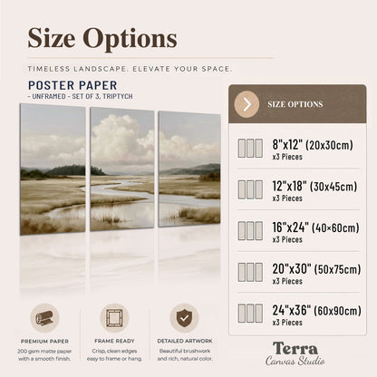 A pale winding waterway crossing quiet wetlands beneath billowing white clouds set of 3 poster prints available dimensions; triptych dimensions are per panel