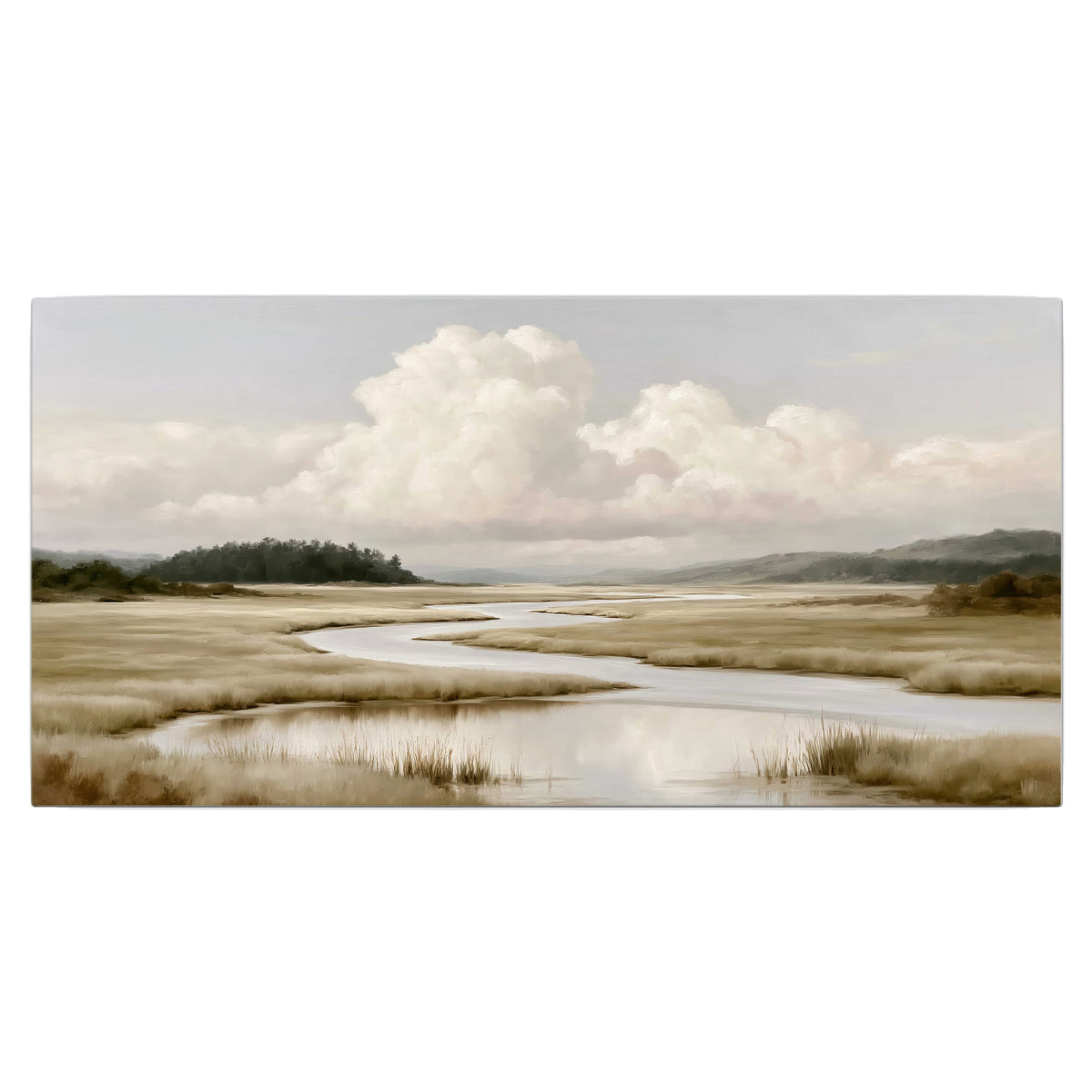 A pale winding waterway crossing quiet wetlands beneath billowing white clouds single canvas wall art viewed straight on
