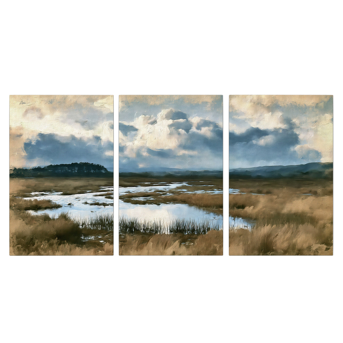 A wide open marsh with blue water and warm grasses beneath layered clouds 3 piece canvas wall art viewed straight on