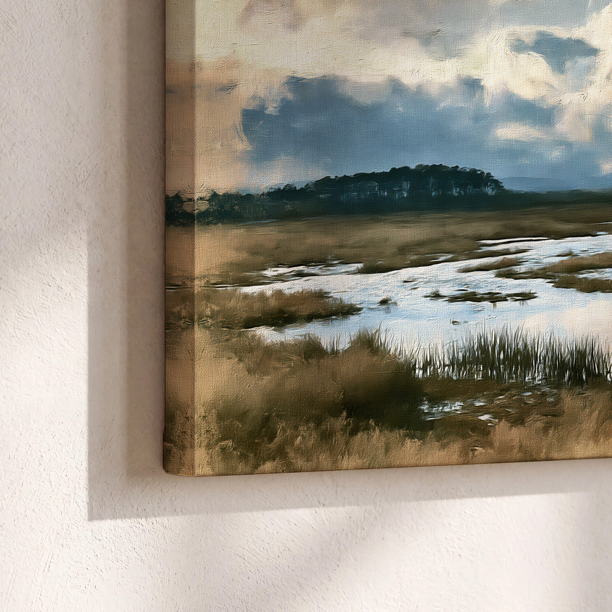 A wide open marsh with blue water and warm grasses beneath layered clouds 3 piece canvas wall art material and edge close up
