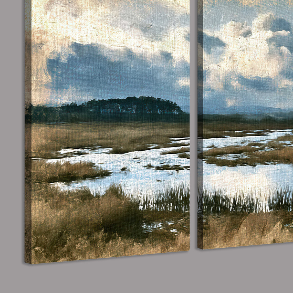 A wide open marsh with blue water and warm grasses beneath layered clouds 3 piece canvas wall art room and product view