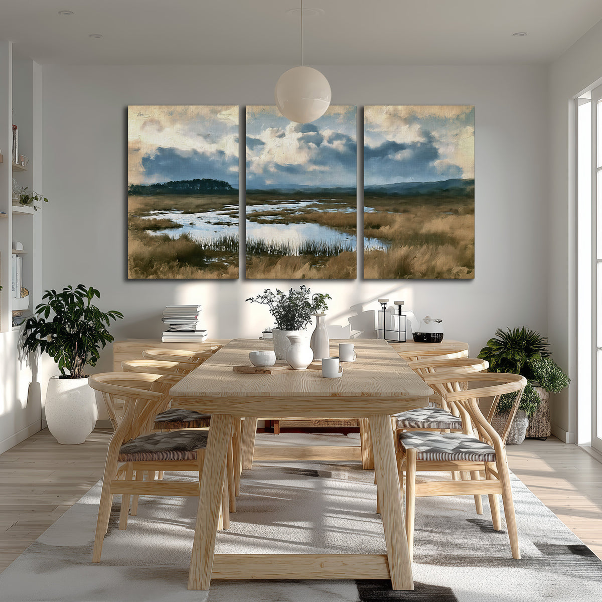 A wide open marsh with blue water and warm grasses beneath layered clouds 3 piece canvas wall art room and product view