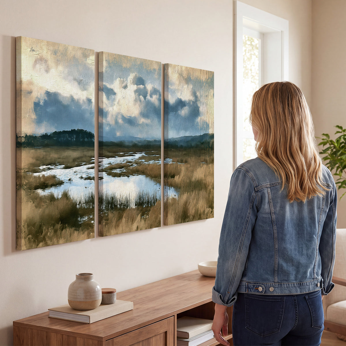 A wide open marsh with blue water and warm grasses beneath layered clouds 3 piece canvas wall art three panel arrangement on a wall