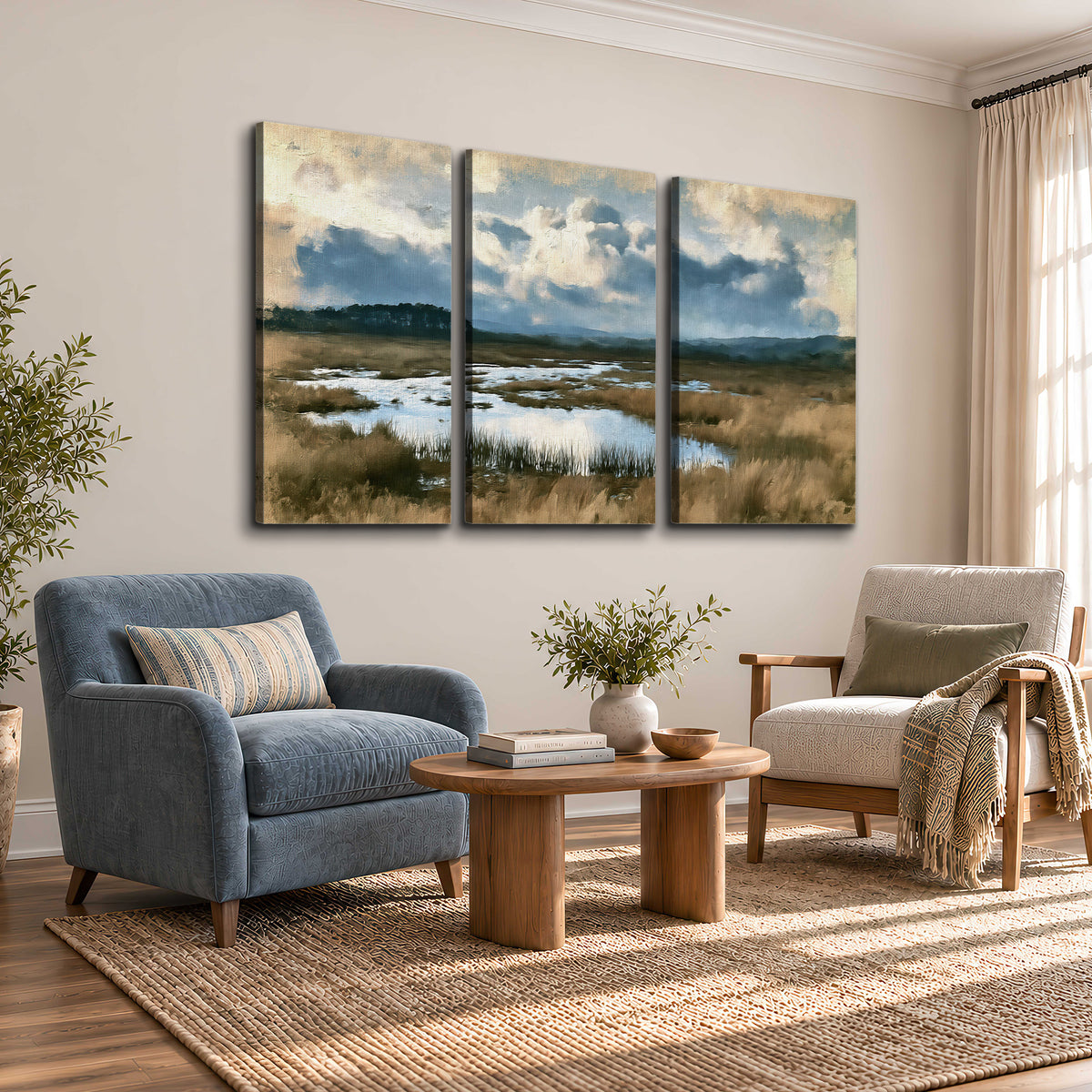 A wide open marsh with blue water and warm grasses beneath layered clouds 3 piece canvas wall art styled in an interior