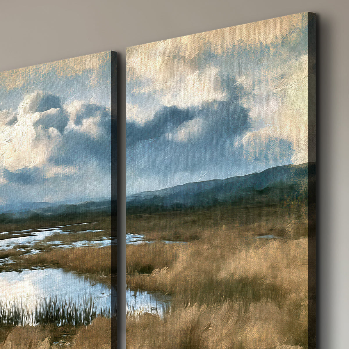 A wide open marsh with blue water and warm grasses beneath layered clouds 3 piece canvas wall art room and product view