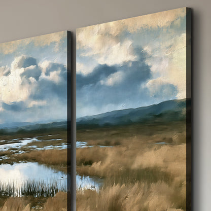 A wide open marsh with blue water and warm grasses beneath layered clouds 3 piece canvas wall art room and product view