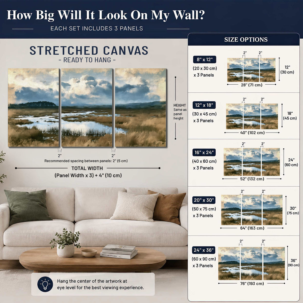 A wide open marsh with blue water and warm grasses beneath layered clouds 3 piece canvas wall art size guide above a sofa; room view is illustrative