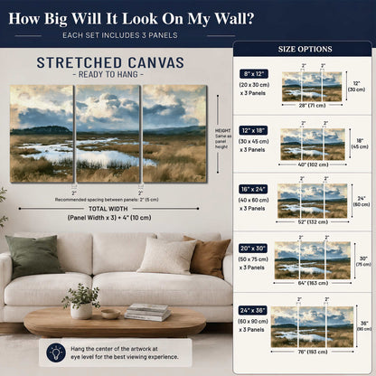 A wide open marsh with blue water and warm grasses beneath layered clouds 3 piece canvas wall art size guide above a sofa; room view is illustrative