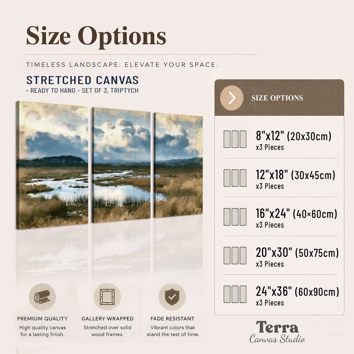 A wide open marsh with blue water and warm grasses beneath layered clouds 3 piece canvas wall art available dimensions; triptych dimensions are per panel