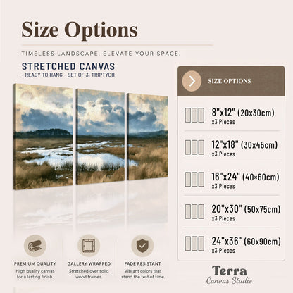 A wide open marsh with blue water and warm grasses beneath layered clouds 3 piece canvas wall art available dimensions; triptych dimensions are per panel