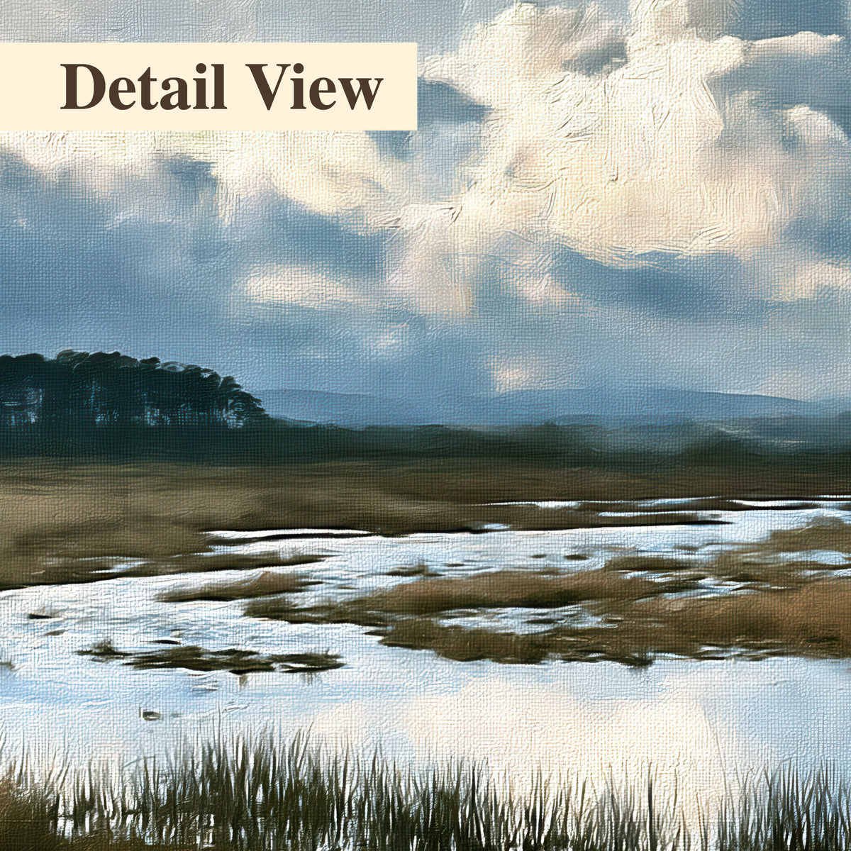 A wide open marsh with blue water and warm grasses beneath layered clouds 3 piece canvas wall art artwork detail close up