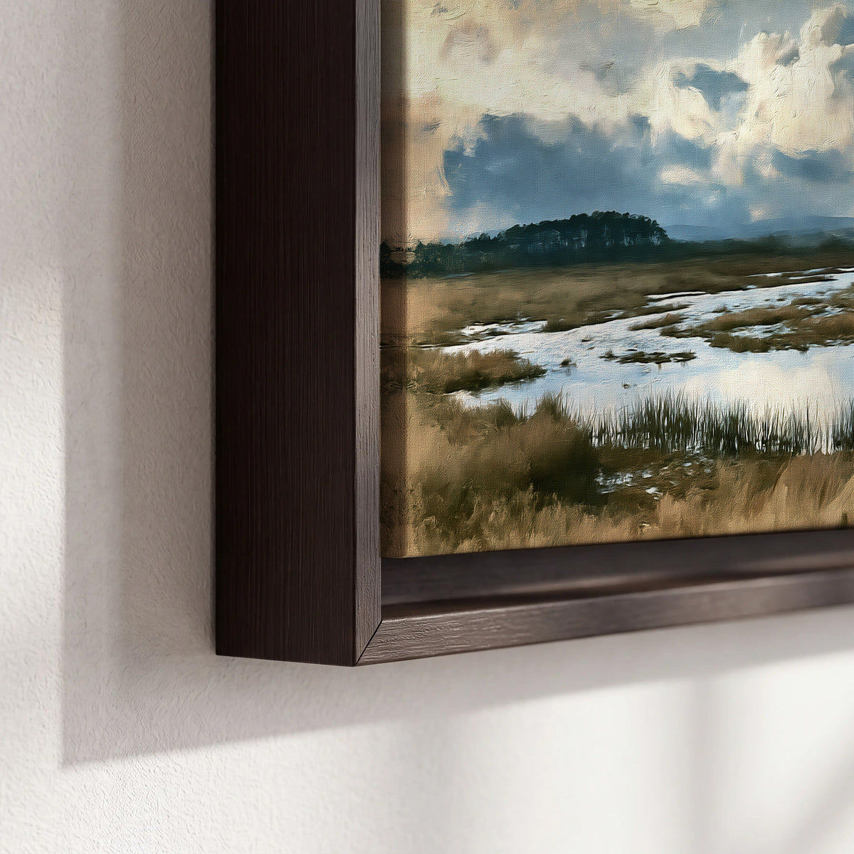 A wide open marsh with blue water and warm grasses beneath layered clouds 3 piece framed canvas wall art material and edge close up