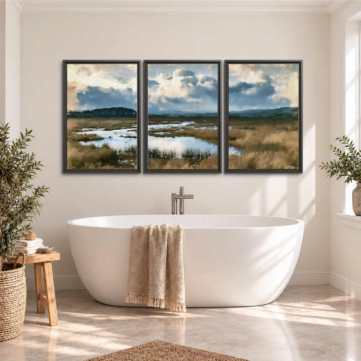 A wide open marsh with blue water and warm grasses beneath layered clouds 3 piece framed canvas wall art styled in an interior