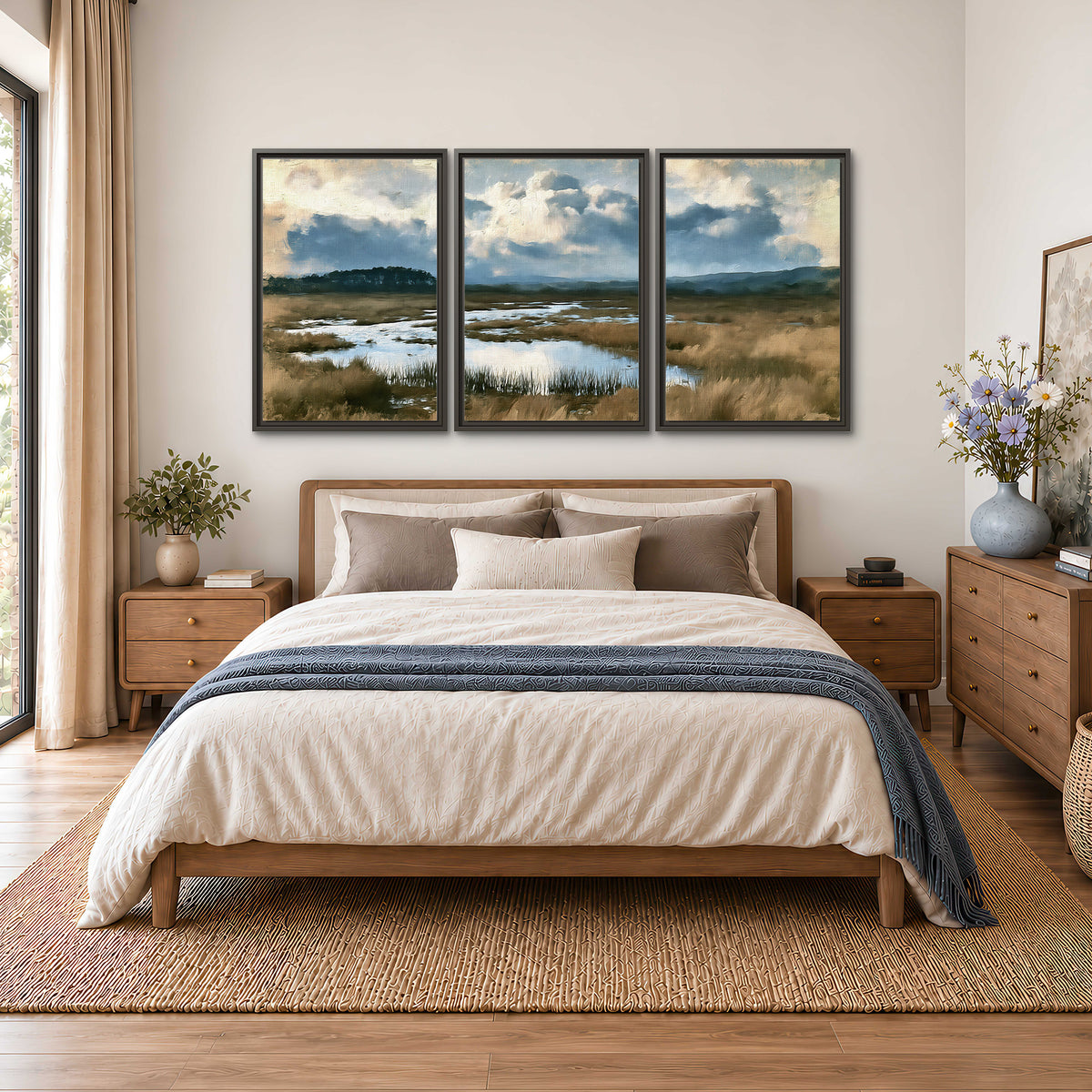 A wide open marsh with blue water and warm grasses beneath layered clouds 3 piece framed canvas wall art styled in an interior