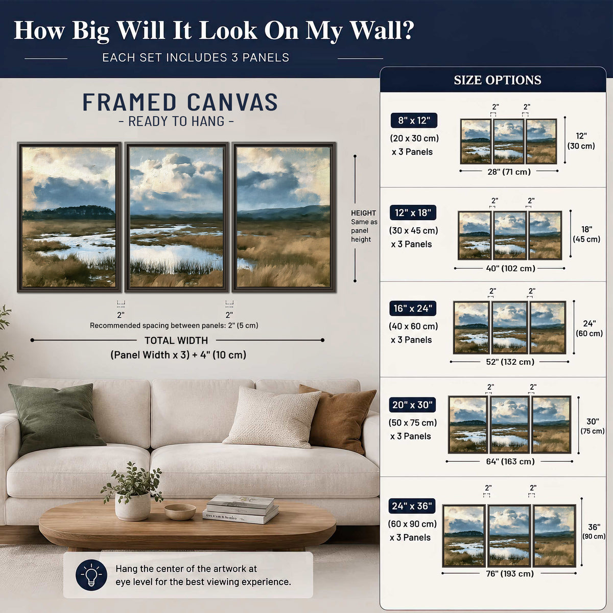 A wide open marsh with blue water and warm grasses beneath layered clouds 3 piece framed canvas wall art size guide above a sofa; room view is illustrative