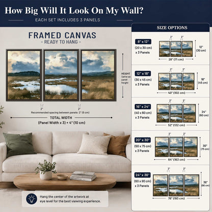 A wide open marsh with blue water and warm grasses beneath layered clouds 3 piece framed canvas wall art size guide above a sofa; room view is illustrative