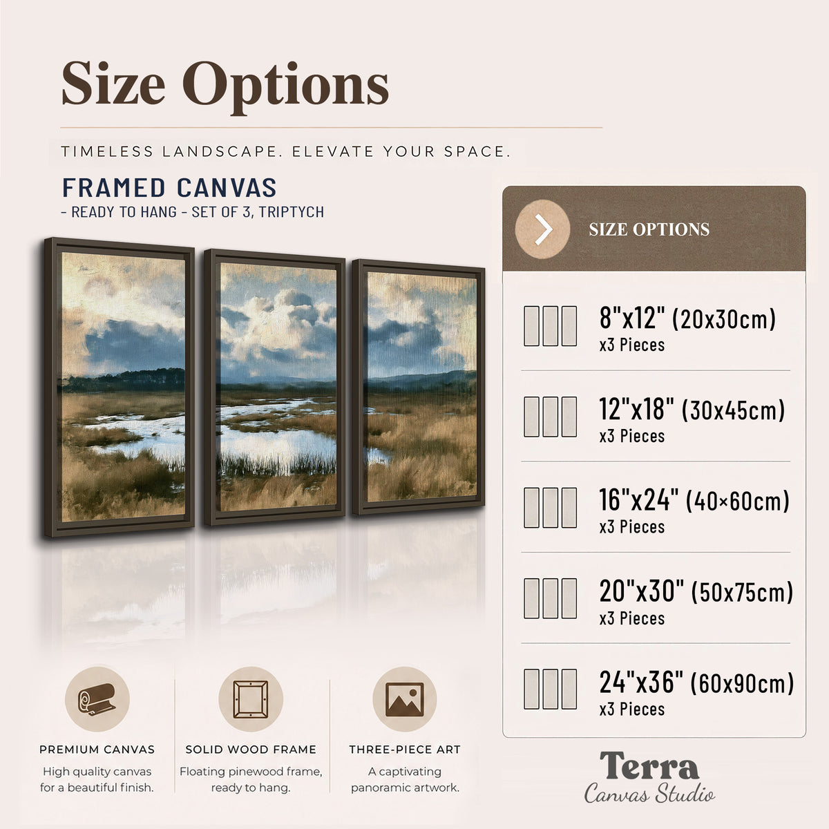 A wide open marsh with blue water and warm grasses beneath layered clouds 3 piece framed canvas wall art available dimensions; triptych dimensions are per panel