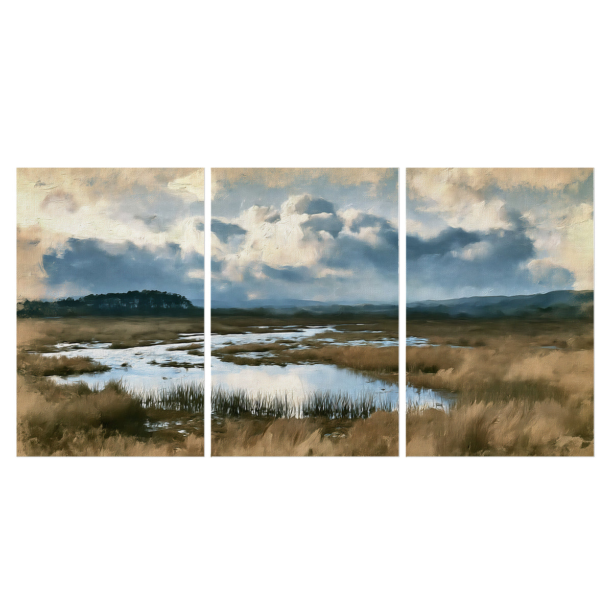 A wide open marsh with blue water and warm grasses beneath layered clouds set of 3 poster prints viewed straight on
