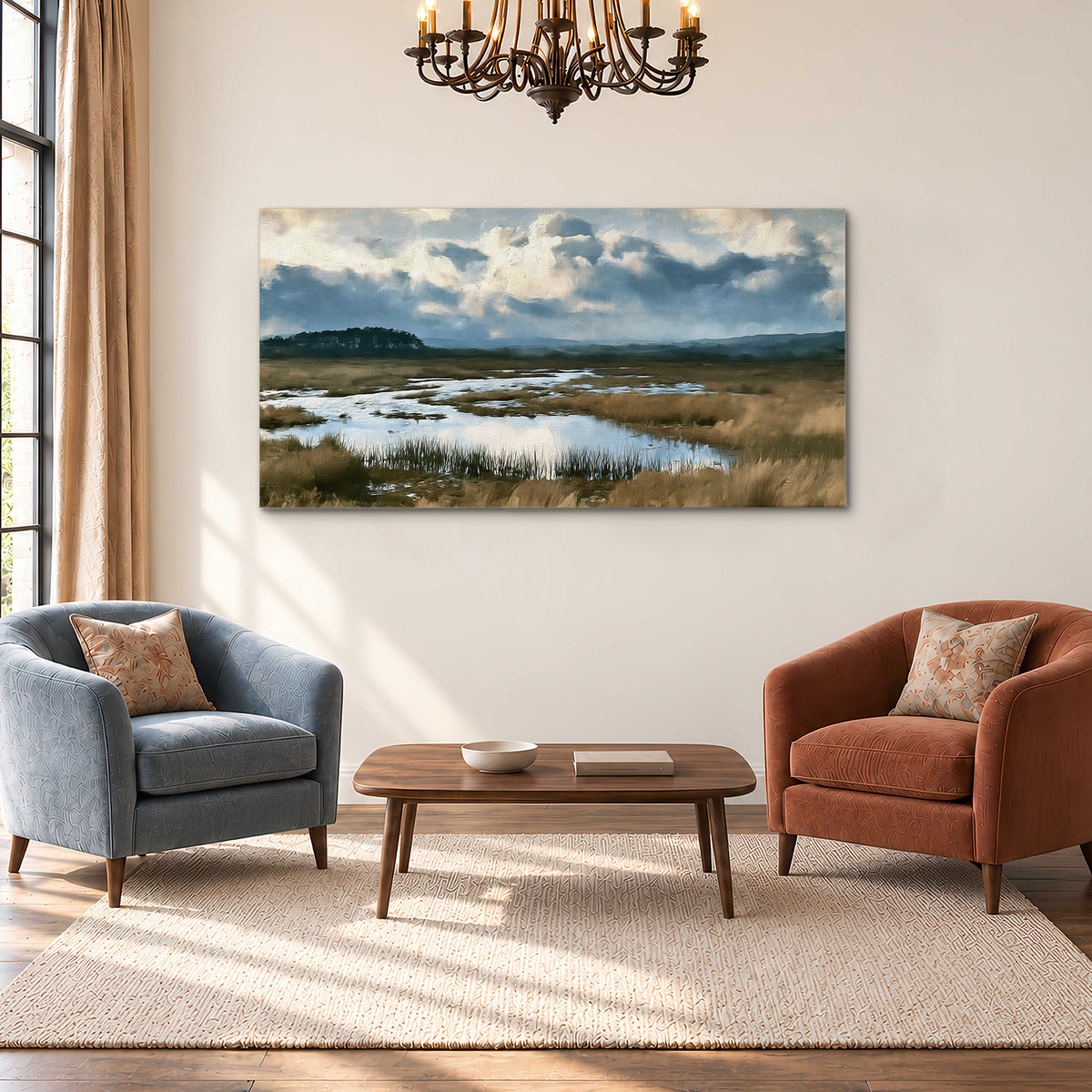 A wide open marsh with blue water and warm grasses beneath layered clouds single canvas wall art styled in an interior