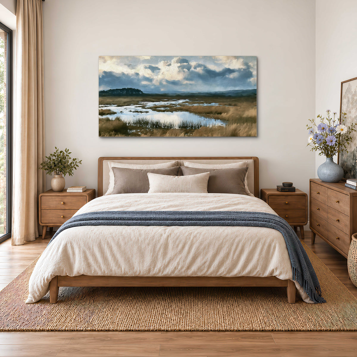 A wide open marsh with blue water and warm grasses beneath layered clouds single canvas wall art styled in an interior