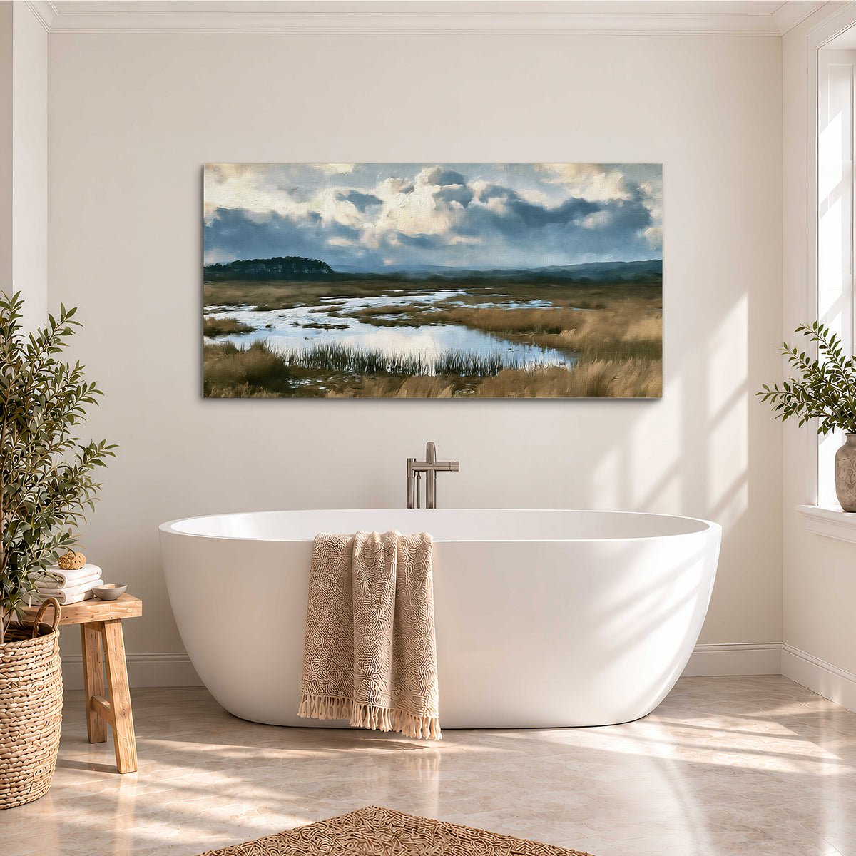 A wide open marsh with blue water and warm grasses beneath layered clouds single canvas wall art styled in an interior