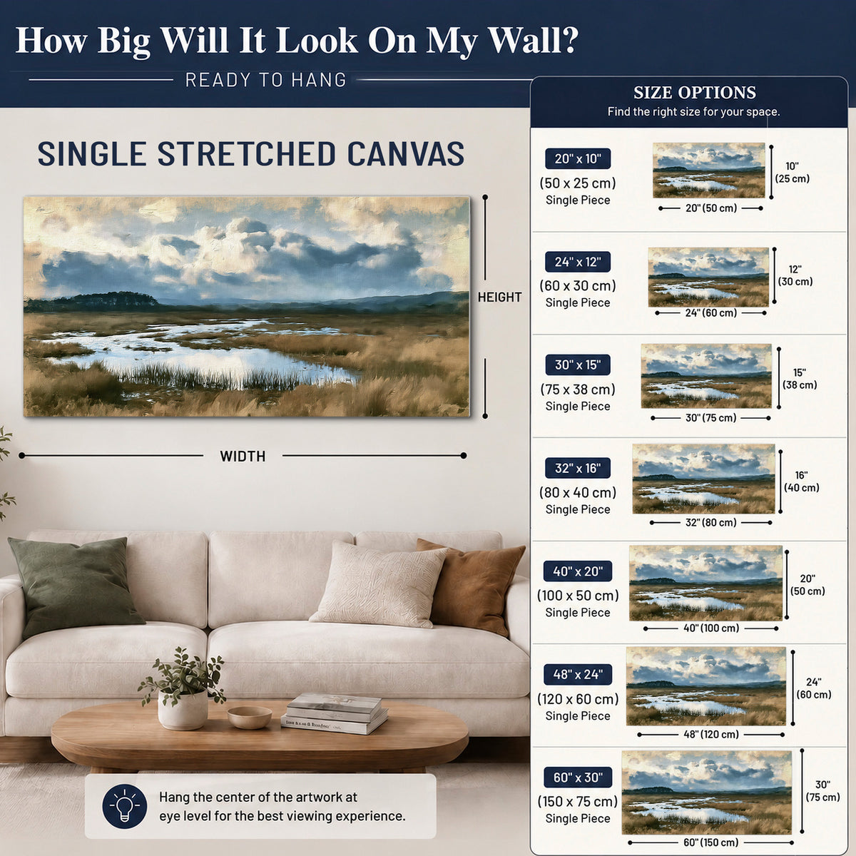 A wide open marsh with blue water and warm grasses beneath layered clouds single canvas wall art size guide above a sofa; room view is illustrative