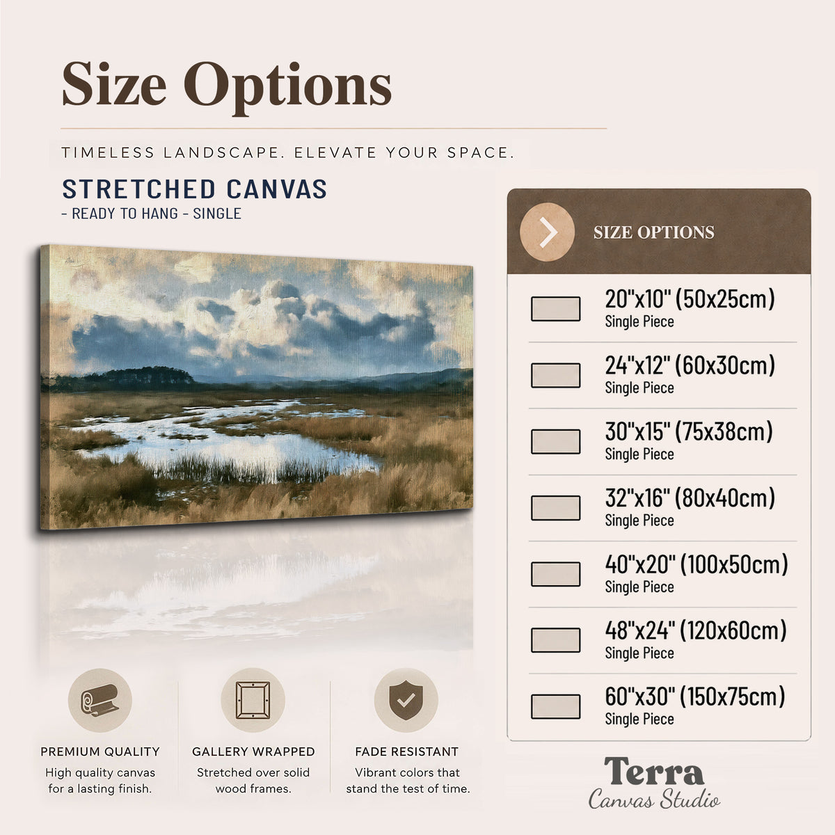 A wide open marsh with blue water and warm grasses beneath layered clouds single canvas wall art available dimensions