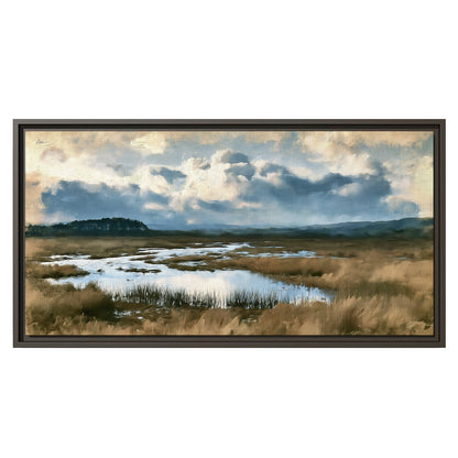 A wide open marsh with blue water and warm grasses beneath layered clouds single framed canvas wall art viewed straight on