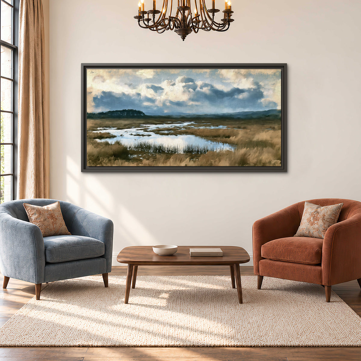 A wide open marsh with blue water and warm grasses beneath layered clouds single framed canvas wall art styled in an interior