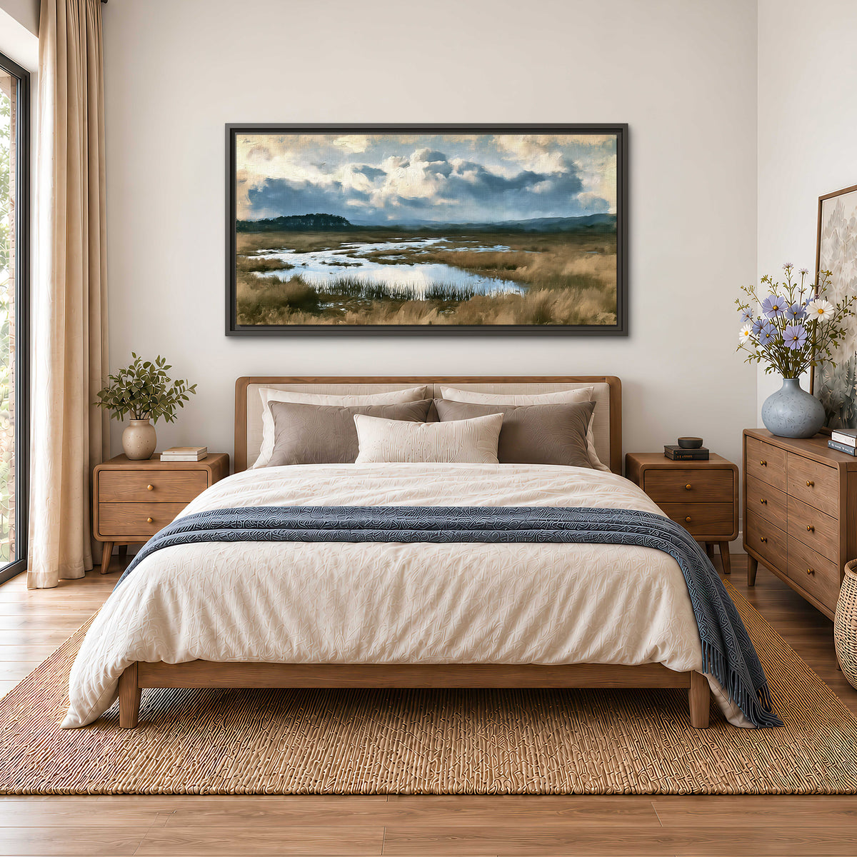 A wide open marsh with blue water and warm grasses beneath layered clouds single framed canvas wall art styled in an interior