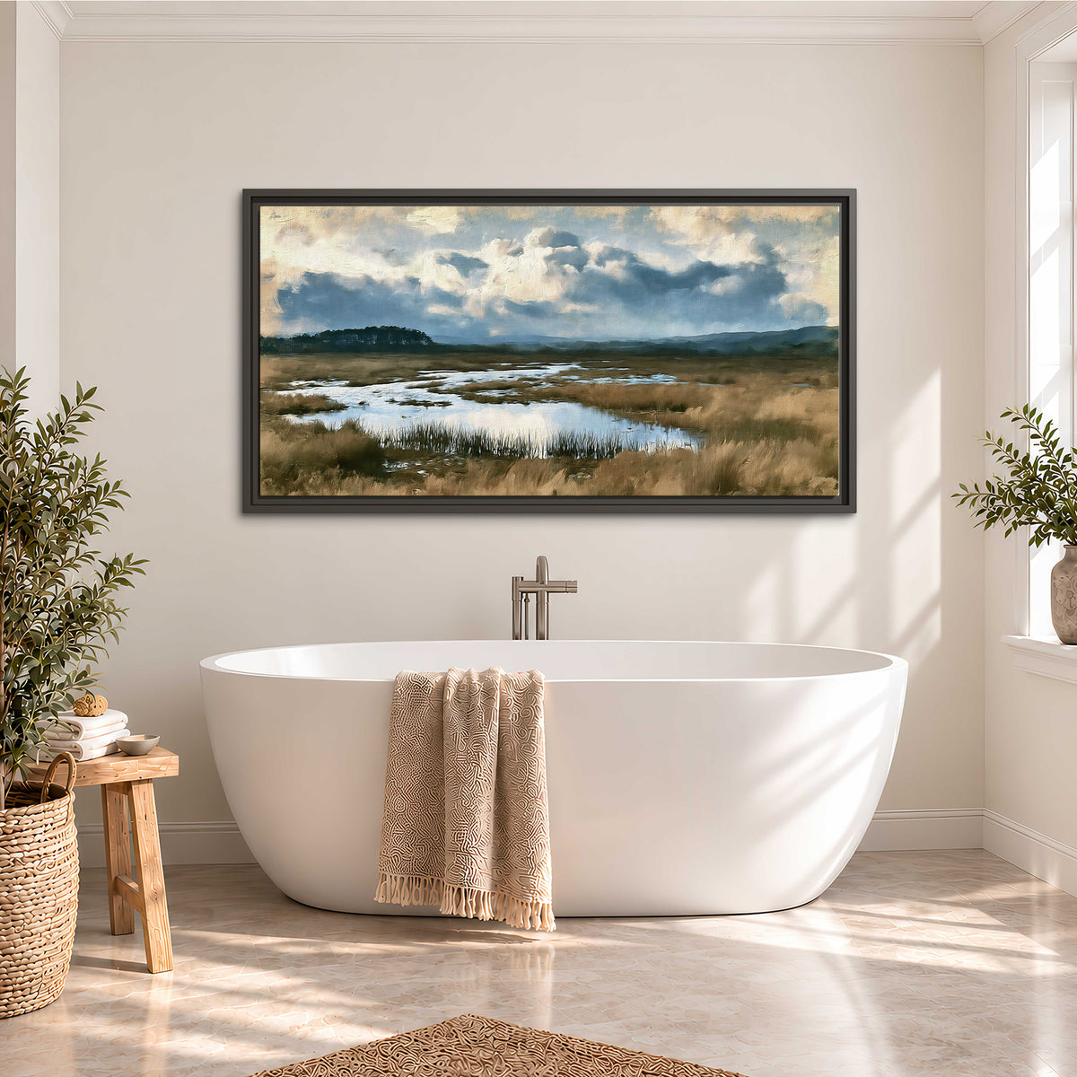 A wide open marsh with blue water and warm grasses beneath layered clouds single framed canvas wall art styled in an interior