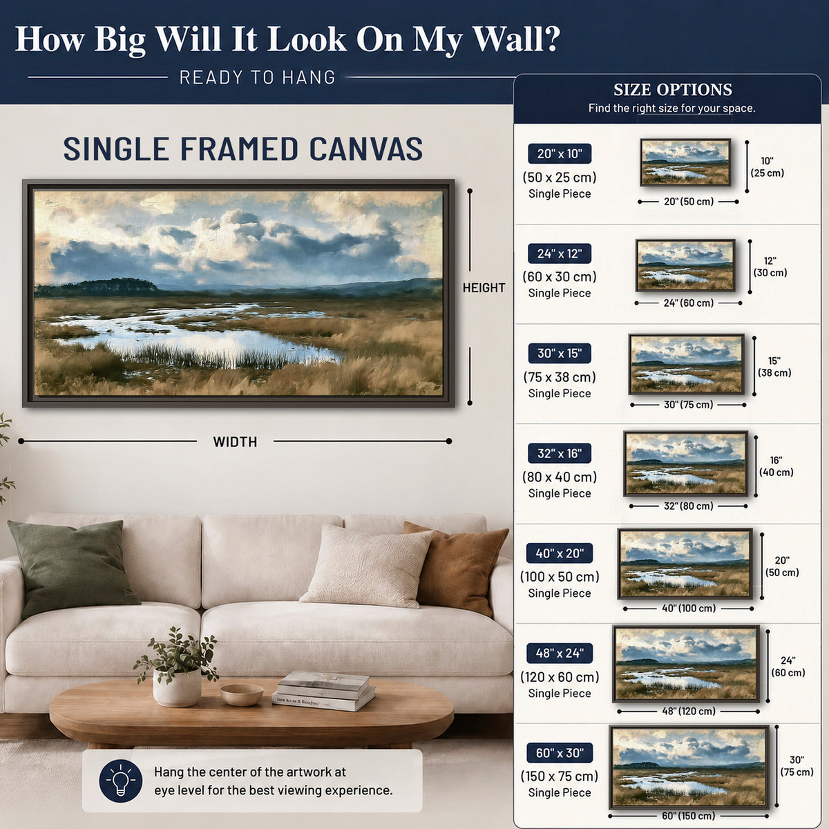 A wide open marsh with blue water and warm grasses beneath layered clouds single framed canvas wall art size guide above a sofa; room view is illustrative