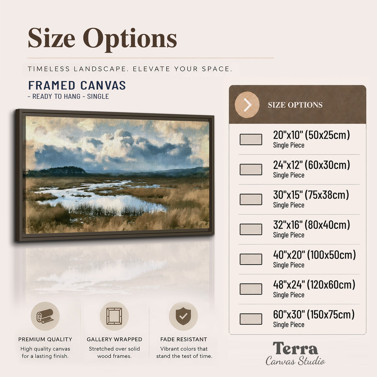 A wide open marsh with blue water and warm grasses beneath layered clouds single framed canvas wall art available dimensions