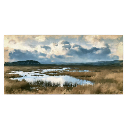 A wide open marsh with blue water and warm grasses beneath layered clouds single poster print viewed straight on