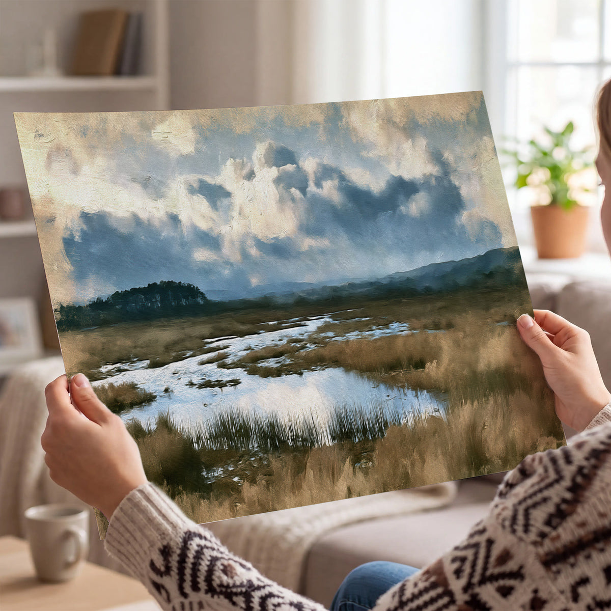 A wide open marsh with blue water and warm grasses beneath layered clouds single poster print held in hands