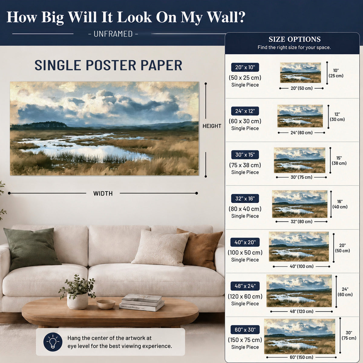 A wide open marsh with blue water and warm grasses beneath layered clouds single poster print size guide above a sofa; room view is illustrative