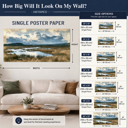 A wide open marsh with blue water and warm grasses beneath layered clouds single poster print size guide above a sofa; room view is illustrative