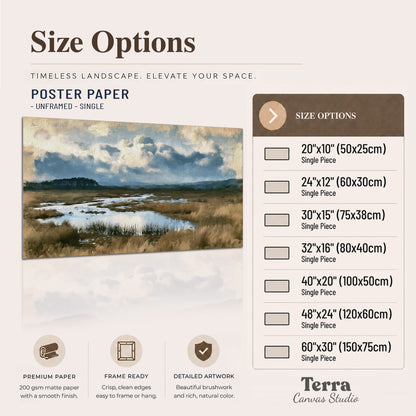 A wide open marsh with blue water and warm grasses beneath layered clouds single poster print available dimensions
