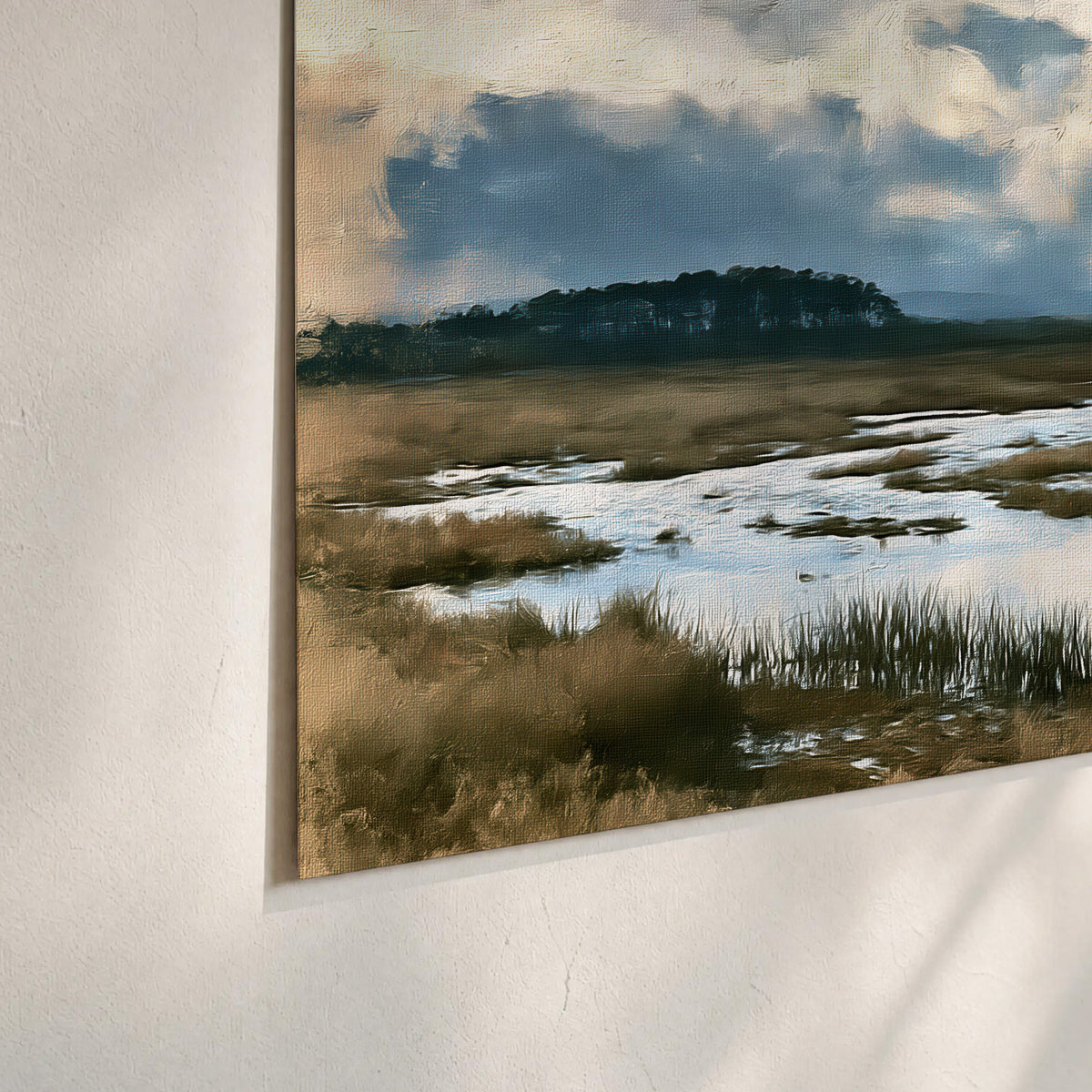 A wide open marsh with blue water and warm grasses beneath layered clouds set of 3 poster prints material and edge close up