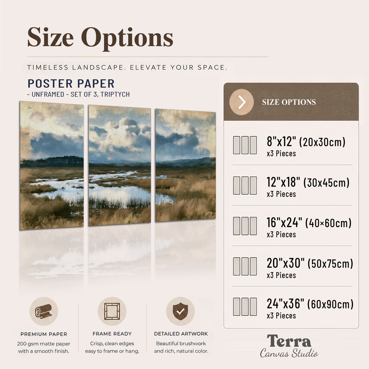 A wide open marsh with blue water and warm grasses beneath layered clouds set of 3 poster prints available dimensions; triptych dimensions are per panel